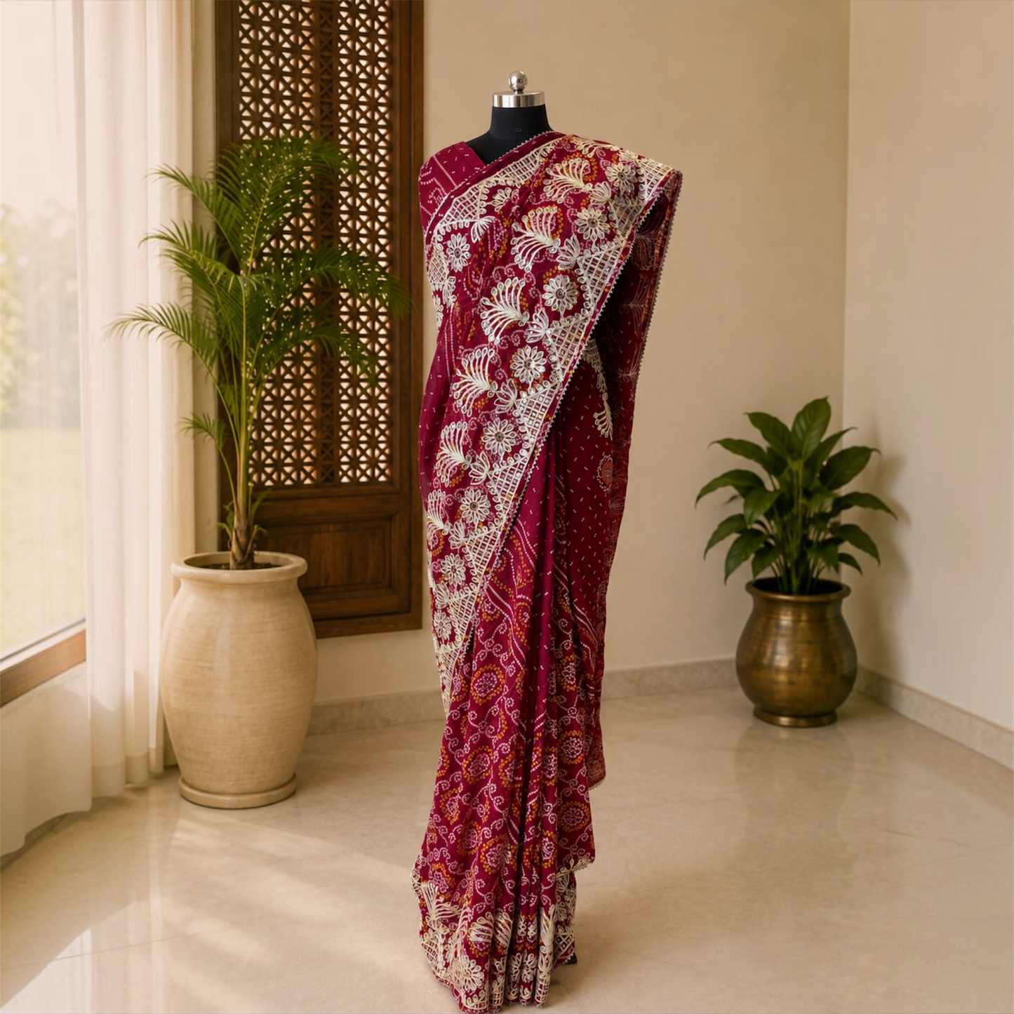 Maroon Red Heavy Gotta Patti Rajputi Georgette Saree