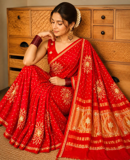 Red Pure Modal Gajji Silk Bandhani Gota Patti Work Saree