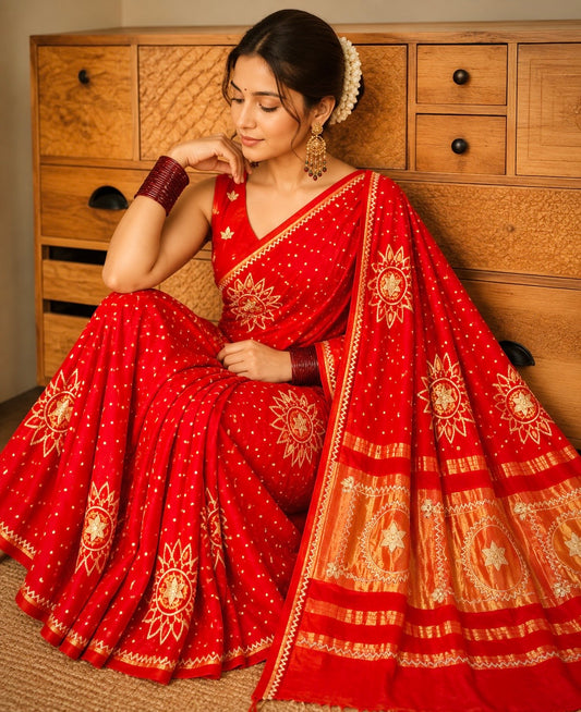 Red Pure Modal Gajji Silk Bandhani Gota Patti Work Saree
