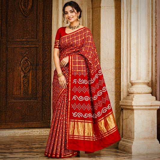 Pure Modal Silk Handloom Gharchola Bandhani Saree- Red