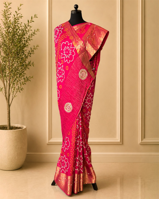 Pink Bandhani Pure Dola Silk Cutdana Handwork Saree