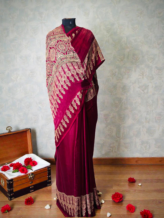 Pure Modal Silk Ajrakh- Plum