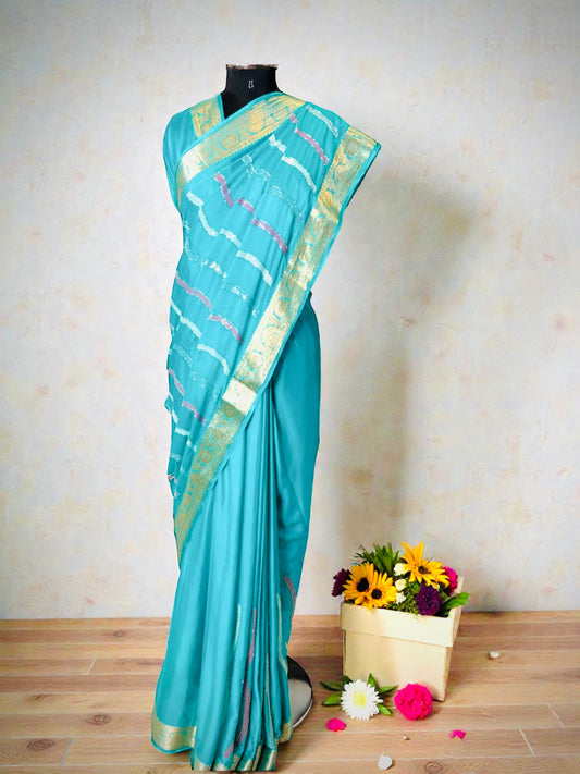 Turquoise Blue Sequins Hand Embroidered Pure Chinon Saree