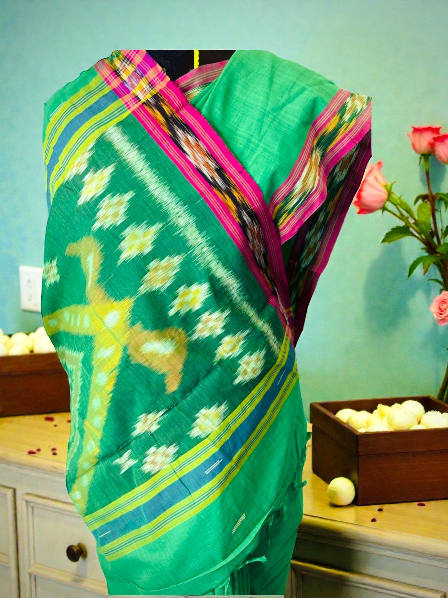 Pochampally Ikat Pure Handloom Mercerised Cotton Saree- Green