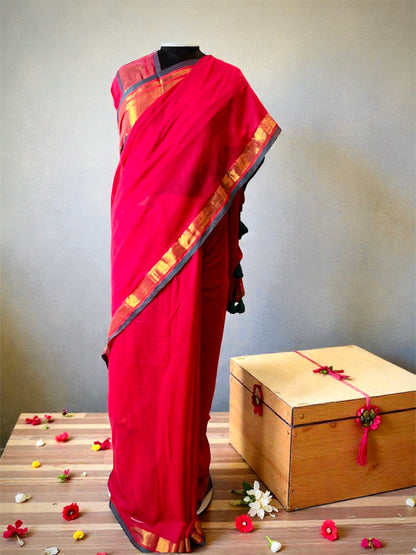Mul Mul Cotton Saree- Red