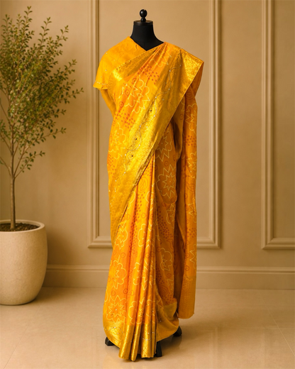 Yellow Bandhani Pure Dola Silk Cutdana Handwork Saree