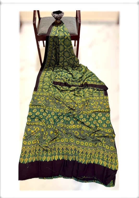 Pure Modal Silk Ajrakh Handblock print Saree- Green