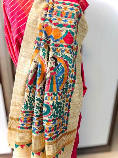 Rani Pink Pure Bapta Silk with Ghicha Madhubani work Saree
