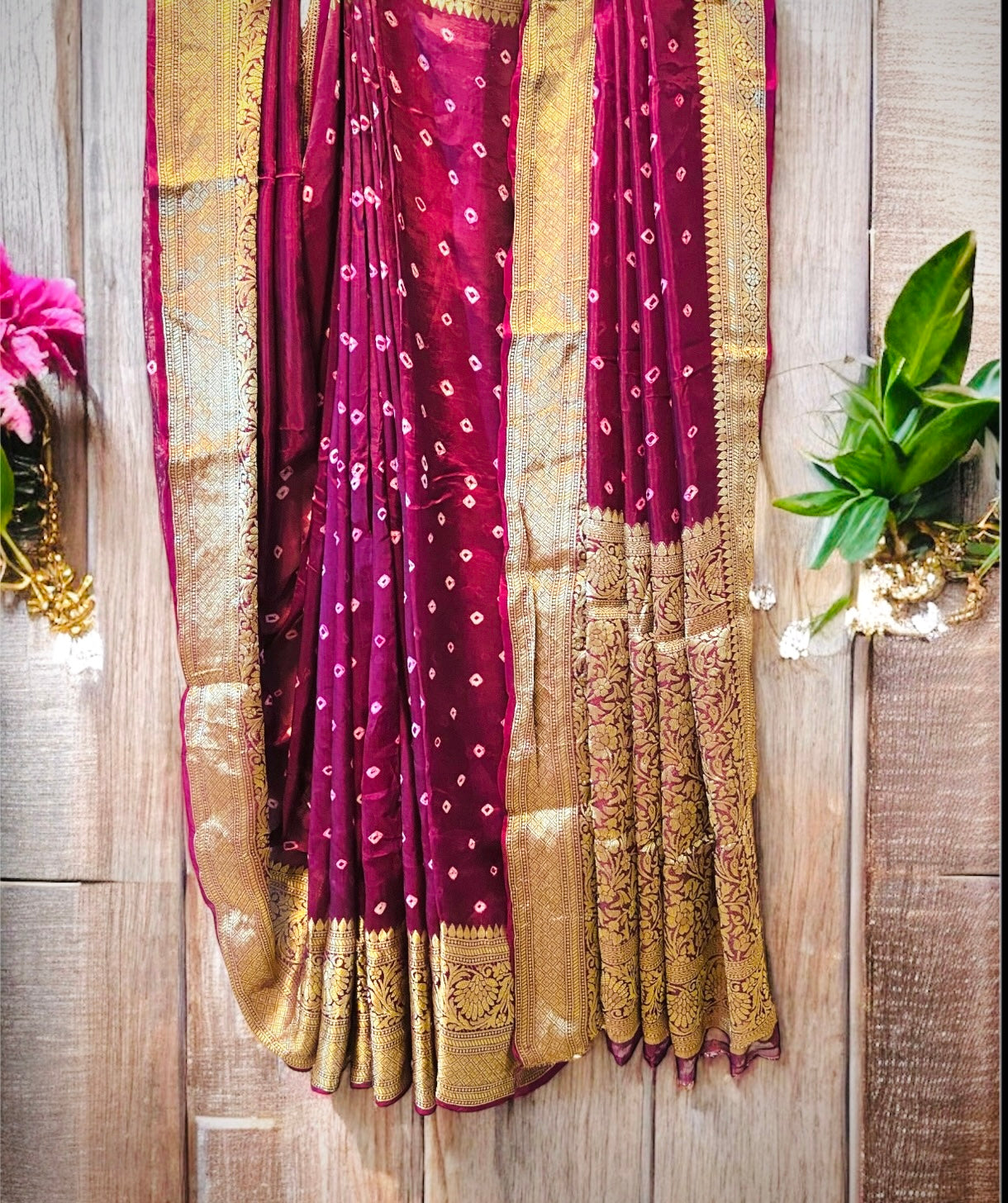 Bandhani Pure Dola Silk Banarasi Saree- Wine