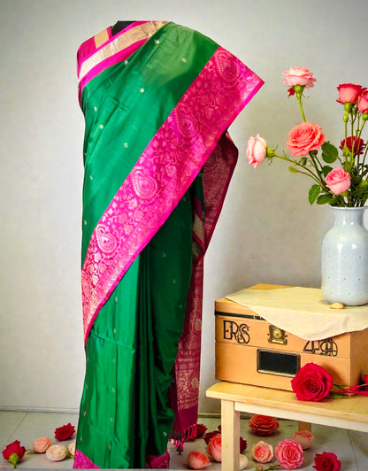 Green Pink Pure Handloom Silk Saree- Silk Mark Certified