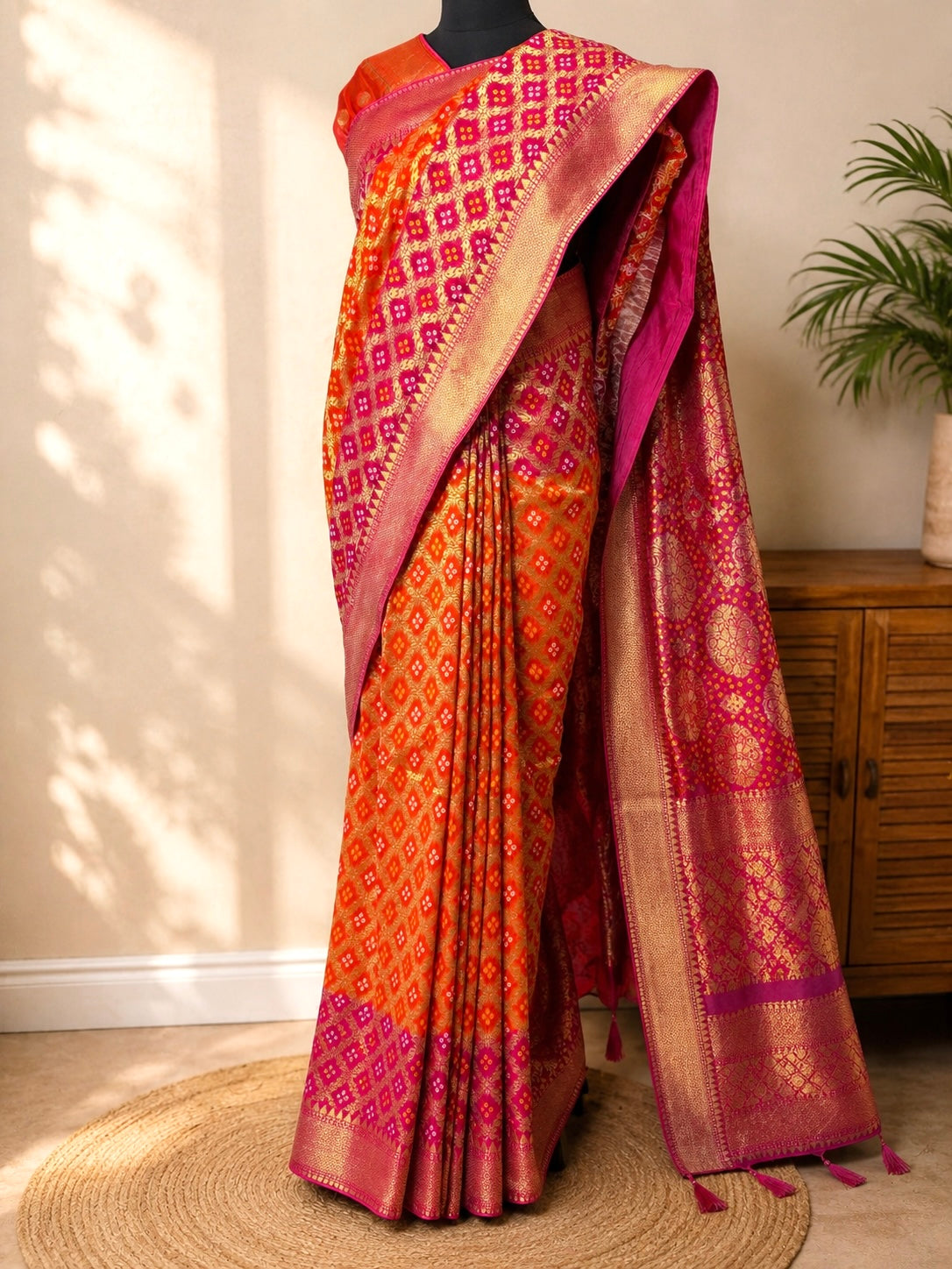 Pure Viscose Khaddi Georgette Gharchola Neemzari Saree- Orange Rani Pink