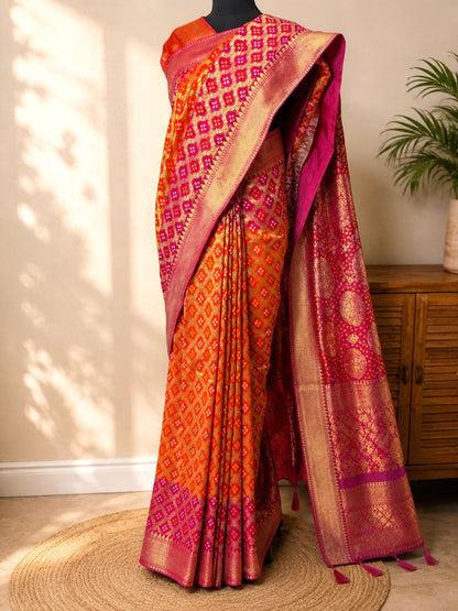 Pure Viscose Khaddi Georgette Gharchola Neemzari Saree- Orange Rani Pink