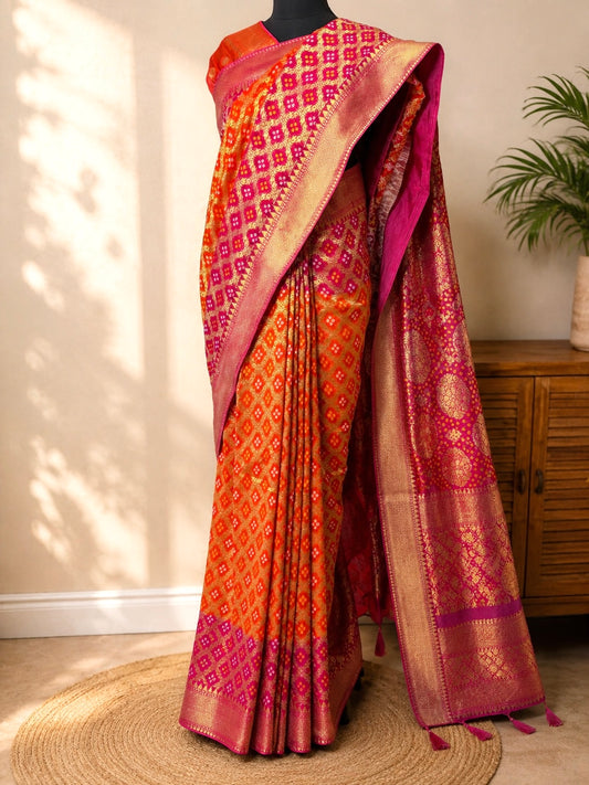 Pure Viscose Khaddi Georgette Gharchola Neemzari Saree- Orange Rani Pink