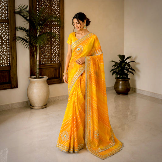 Yellow Rajputi Chiffon Leheriya Gotta Patti Saree