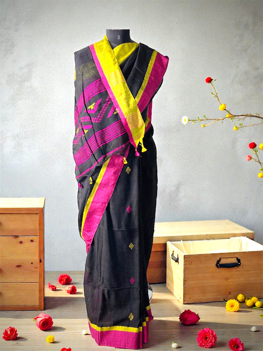 Linen Cotton Handloom Saree- Black