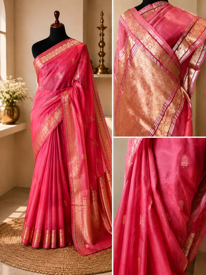 Fuchsia Pink Pure Kora Handloom Banarasi Saree - Sona Roopa Alfi Kadua Boota