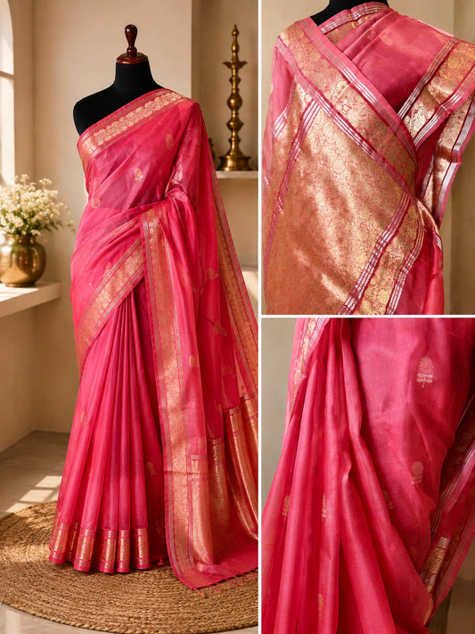 Fuchsia Pink Pure Kora Handloom Banarasi Saree - Sona Roopa Alfi Kadua Boota