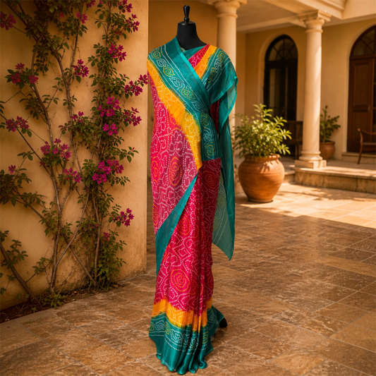 Rajputi Chiffon Bandhani Saree- Green Red