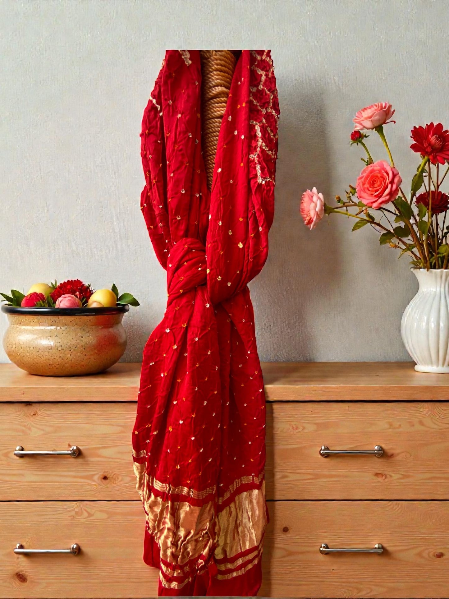Red- Pure Modal Silk Hand Bandhej Dupatta with Lagdi Patta