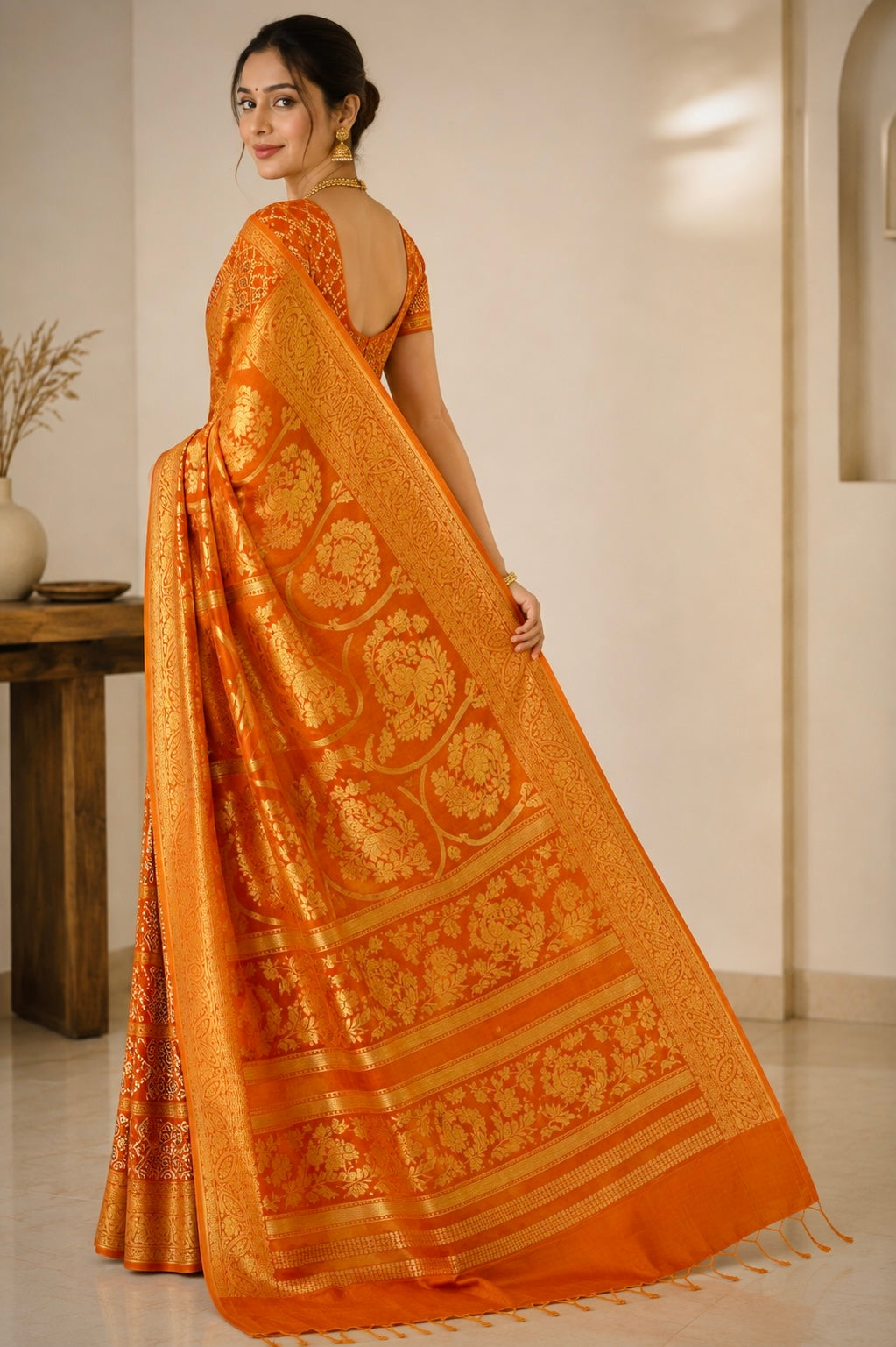 Rust Orange Premium Ajrakh Handblock Gharchola Saree with Golden Banarasi Zari Weaving
