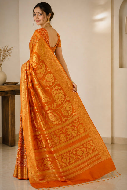 Rust Orange Premium Ajrakh Handblock Gharchola Saree with Golden Banarasi Zari Weaving