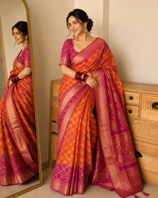 Pure Viscose Khaddi Georgette Gharchola Neemzari Saree- Orange Rani Pink