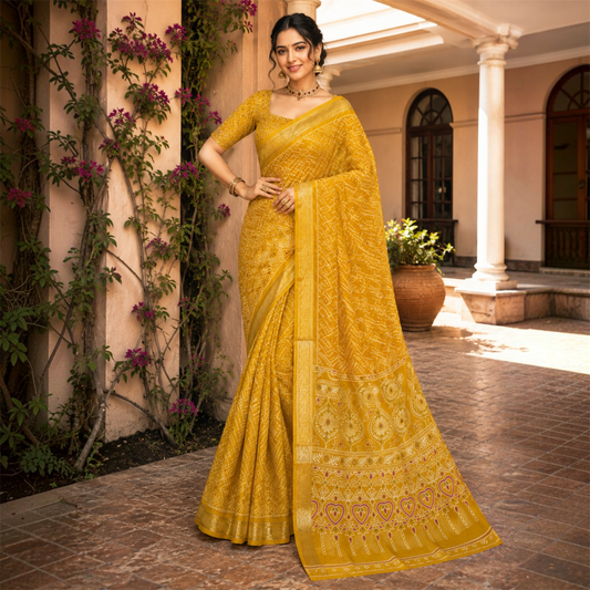 Pure Soft Organza Lehariya Saree with Banarasi border - Yellow