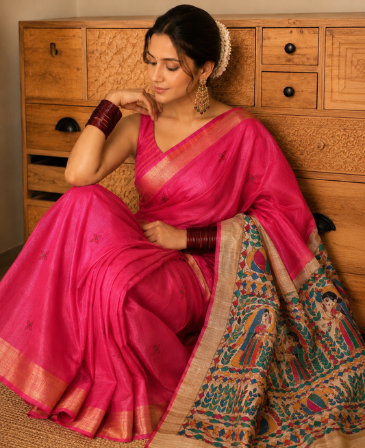 Rani Pink Pure Bapta Silk with Ghicha Madhubani work Saree