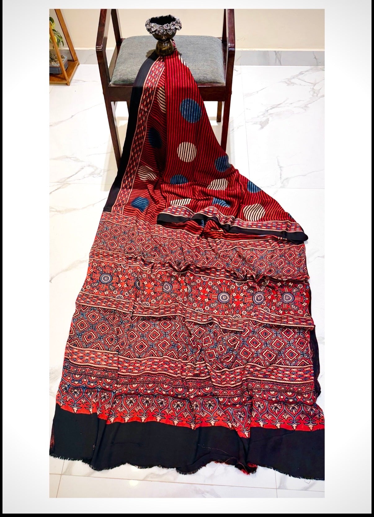Pure Modal Silk Ajrakh Handblock print Saree- Red