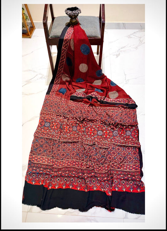 Pure Modal Silk Ajrakh Handblock print Saree- Red