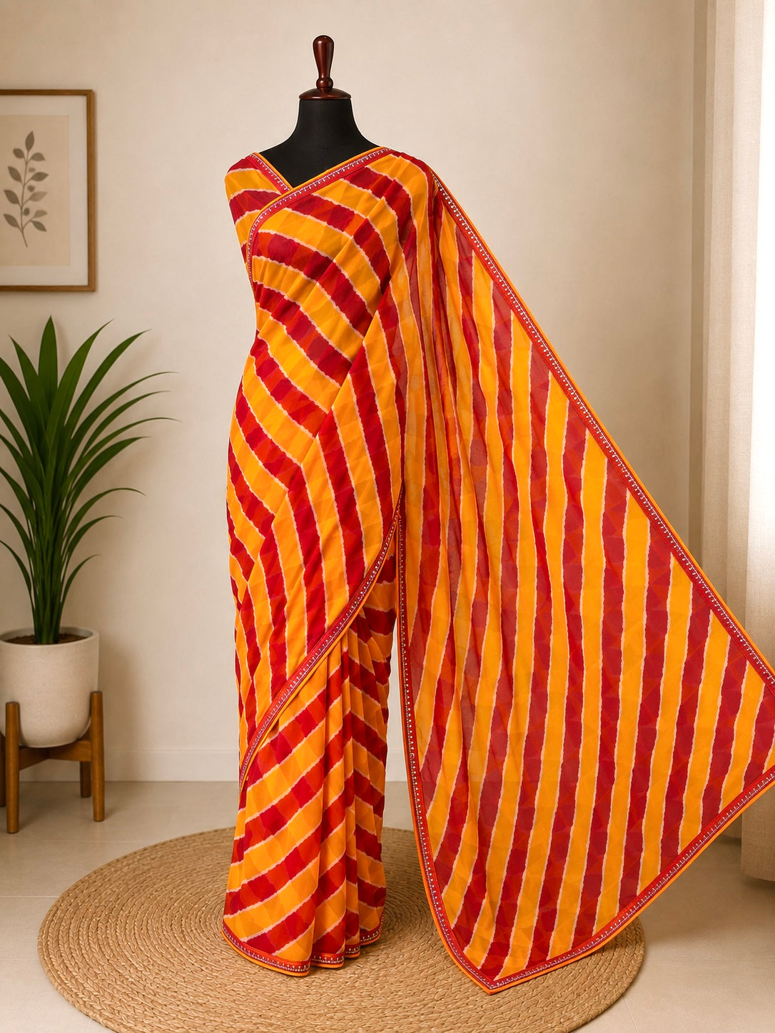 Yellow Red Designer Chiffon Leheriya Saree