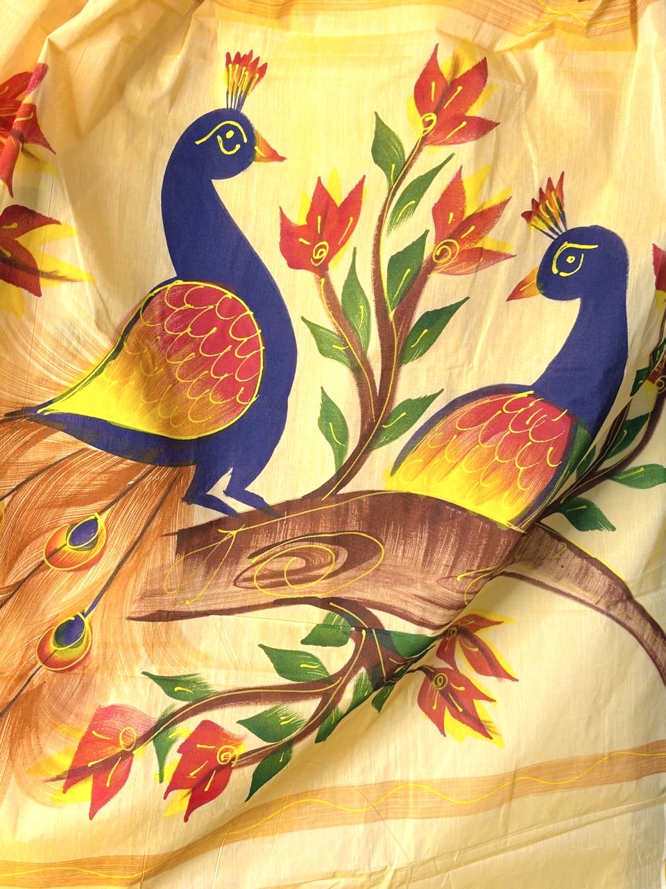 Handpainted Kerala Mul Cotton Saree- Pastel Lemon Yellow