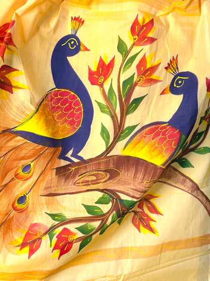 Handpainted Kerala Mul Cotton Saree- Pastel Lemon Yellow
