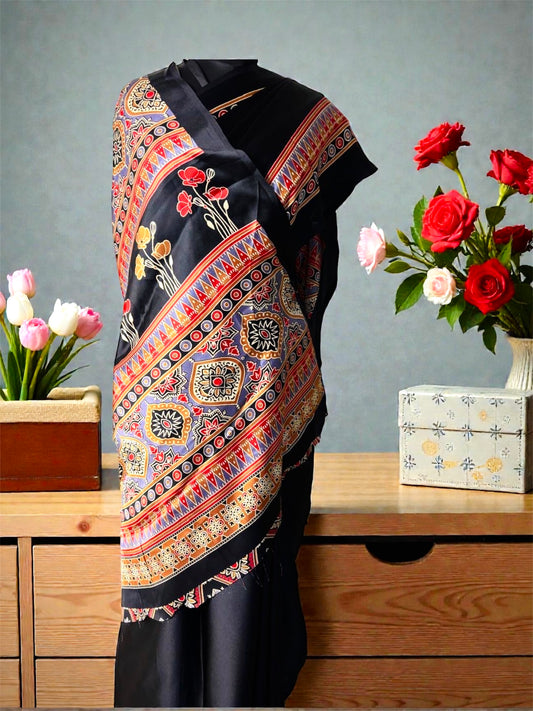 Black Modal Silk Ajrak Handblock Saree