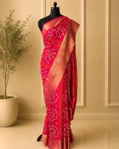 Pink Bandhani Pure Dola Silk Cutdana Handwork Saree