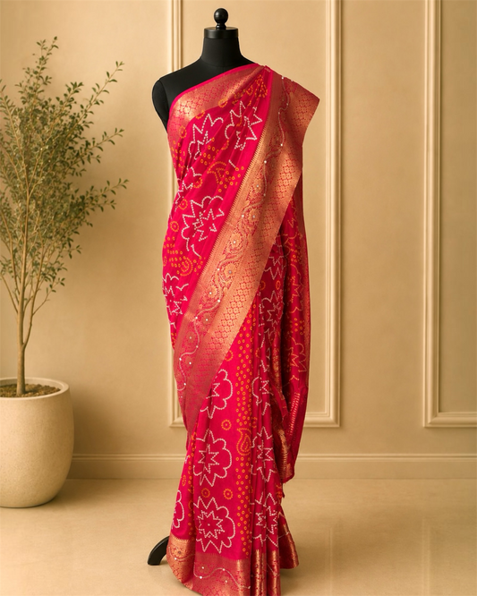 Pink Bandhani Pure Dola Silk Cutdana Handwork Saree