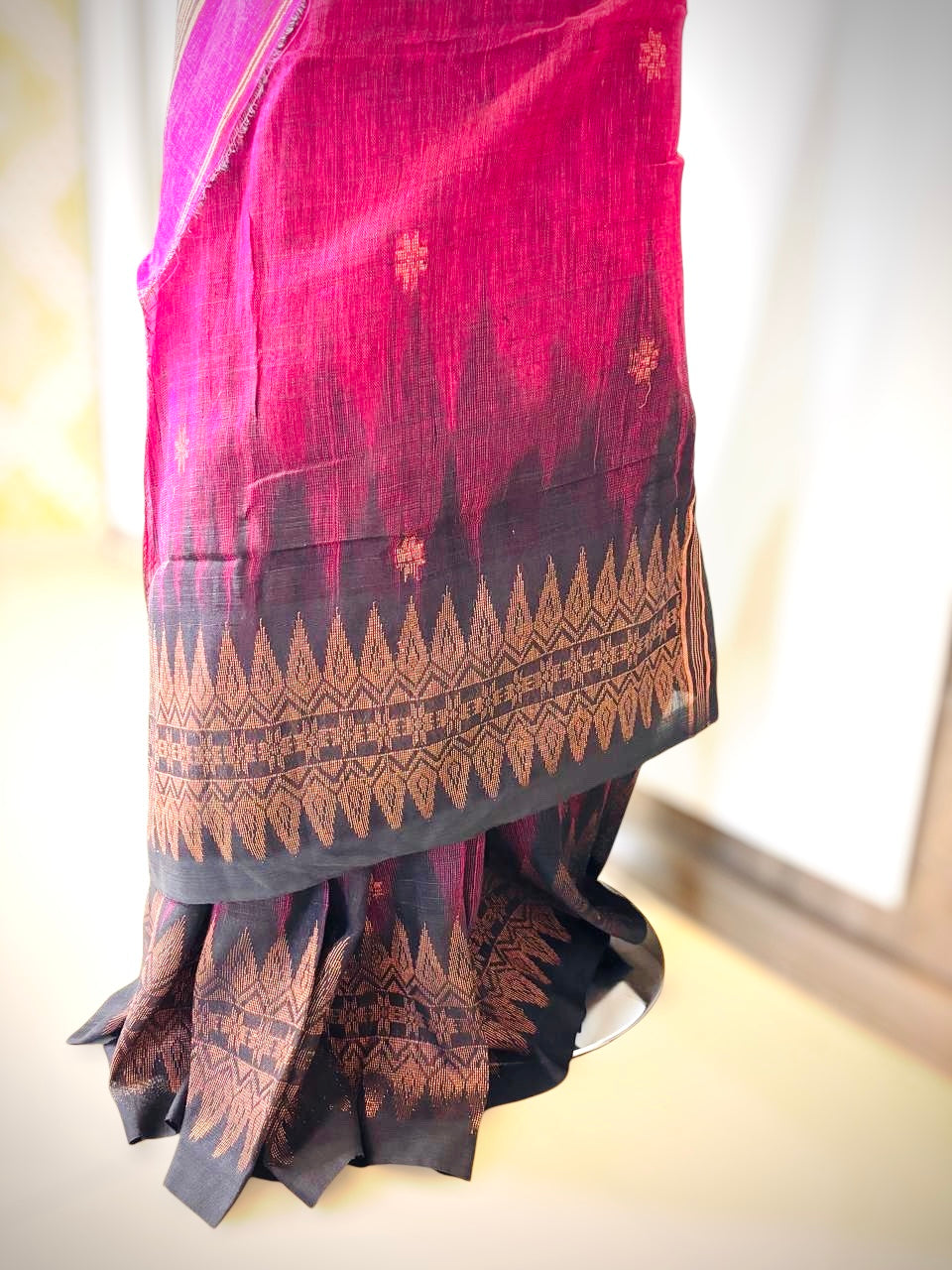 Pink Black Pure Handloom Linen Cotton Saree