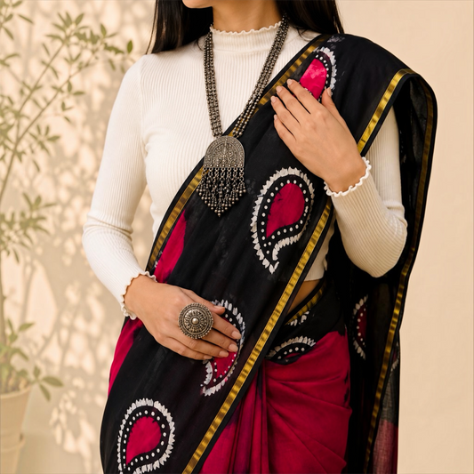 Pure Chanderi Silk Handblock Print Saree- Wine
