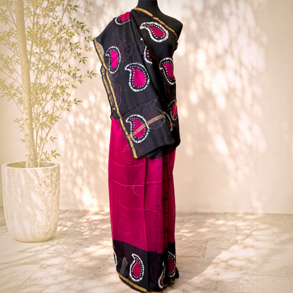 Pure Chanderi Silk Handblock Print Saree- Wine
