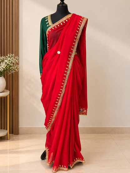 Red Pure Chiffon Zero HandGotta Patti Work Saree