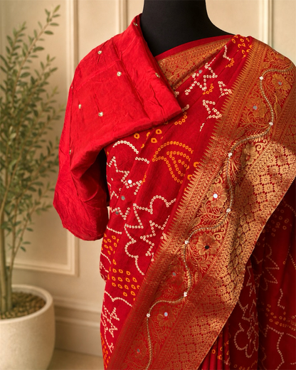 Red Bandhani Pure Dola Silk Cutdana Handwork Saree