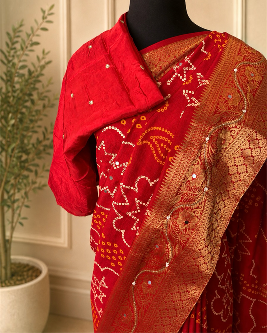 Red Bandhani Pure Dola Silk Cutdana Handwork Saree