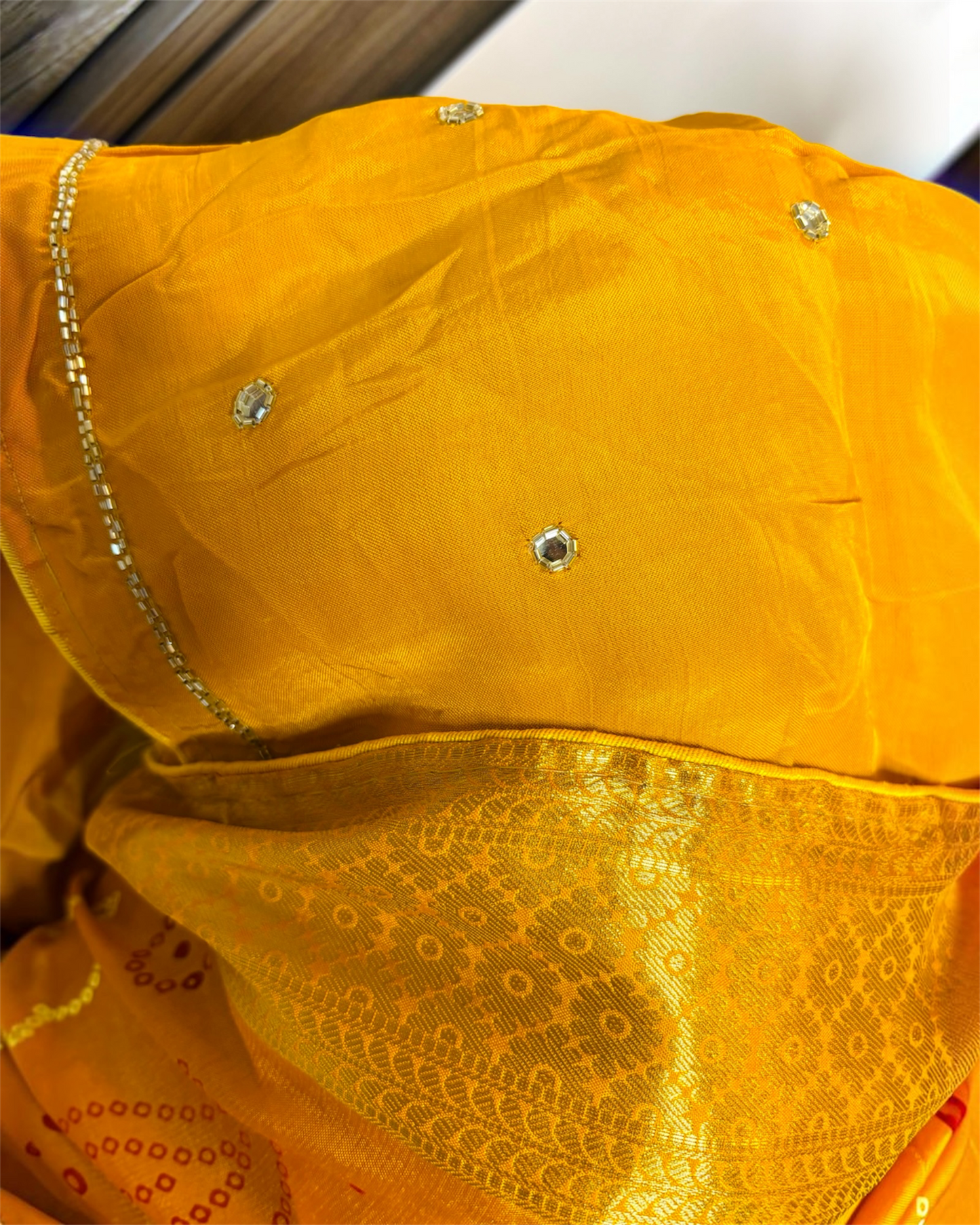Yellow Bandhani Pure Dola Silk Cutdana Handwork Saree