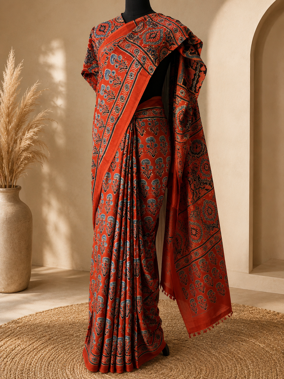 Rust Red Pure Modal Gajji Silk Ajrak Handblock Print Saree
