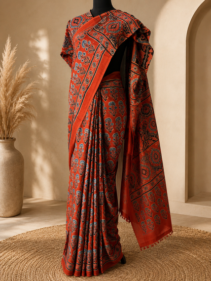 Rust Red Pure Modal Gajji Silk Ajrak Handblock Print Saree