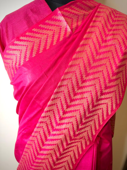 Fuchsia Pink Bhagalpuri Handwoven Tussar Silk Saree