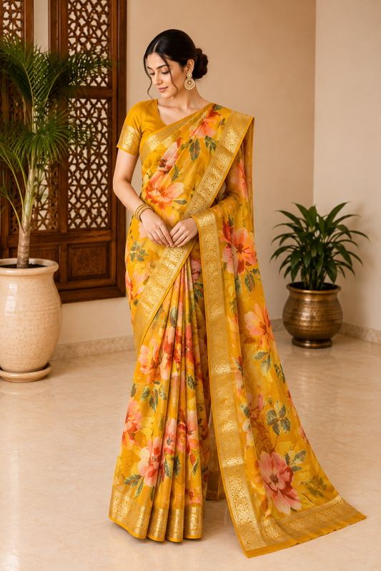 Yellow Designer Floral Chiffon Banarasi Border Saree