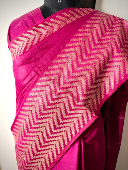 Rani Pink Pure Bhagalpuri Handwoven Tussar Silk Saree