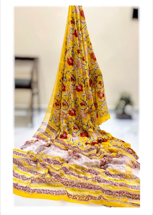 Pure Double Diamond Chiffon Handblock Print Saree- Yellow