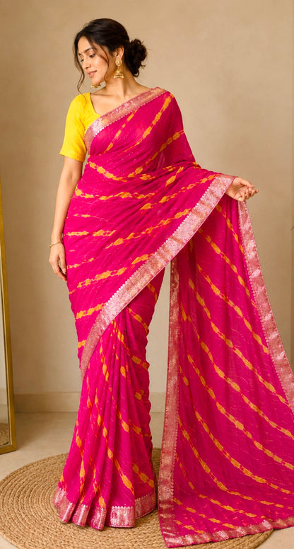 Rani Pink Pure Chiffon Lehariya Saree- Banarasi Boader